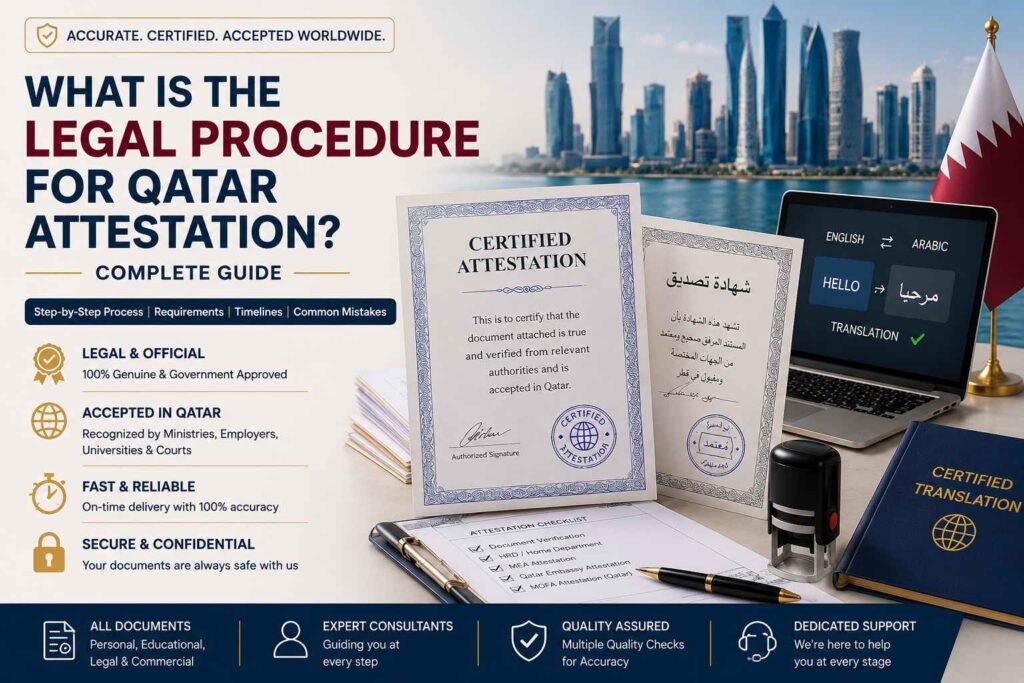 What is the legal procedure for Qatar attestation complete guide showing certified attestation documents, legal translation, Qatar skyline and official verification process